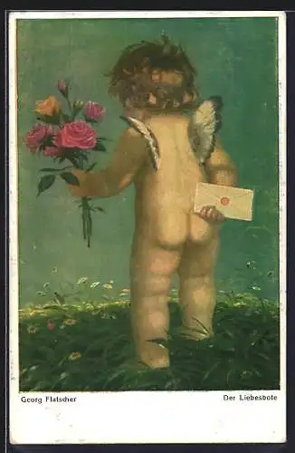 Künstler-AK sign. Georg Flatscher: Amor mit Rosen und Liebesbrief