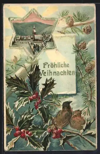 Präge-AK Fröhliche Weihnachten, Vögel auf verschneitem Stechpalmenzweig