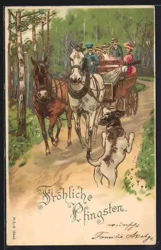 AK Liebespaare machen mit einer Pferdekutsche einen Pfingstausflug, Hund