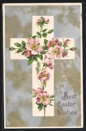 Präge-AK Best Easter Wishes, Weisses Kreuz mit Rosenblüten