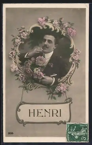 AK Namenstag Henri, Herr mit Blumenstrauss im Passepartout