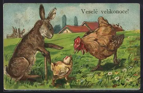 Präge-AK Osterhase und Küken treffen ein Huhn auf der Wiese