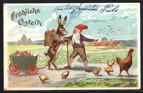 AK Zwerg weist einem Osterhasen den Weg