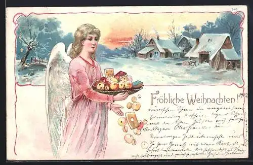 AK Weihnachtsengel mit Lebkuchen und Äpfeln vor verschneitem Dorf