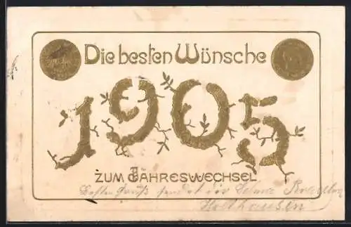 AK Neujahrsgruss 1905 mit goldener Jahreszahl und Münzen