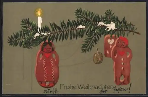 AK Lebkuchen am Tannenzweig mit brennender Kerze, Frohe Weihnachten