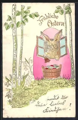 Präge-AK Fröhliche Ostern, Osterhase schaut aus seinem Ei-Haus