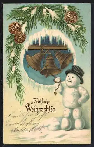 Präge-AK Schneemann läutet Weihnachtsglocken