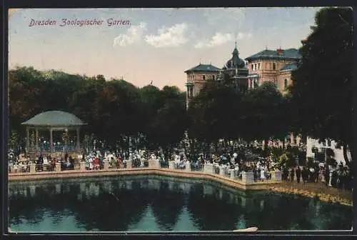 AK Dresden, Zoologischer Garten, Besucher, Gebäude u. Pavillon vom Wasserbecken gesehen