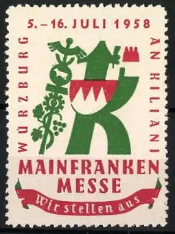 Reklamemarke Würzburg, Mainfranken Messe 1958, stilisiertes K mit Maibaum