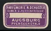 Reklamemarke Augsburg, Parfümerie N. Schuster Damen u. Herrenfriseur, lila Design