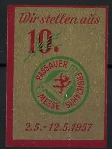 Reklamemarke Passau, 10. Passauer Frühjahrsmesse, 1957, Löwe auf Glocke