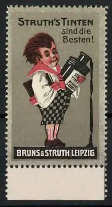 Reklamemarke Leipzig, Struth`s Tinten sind die Besten!, Junge mit Tintenflasche