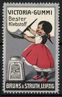 Reklamemarke Leipzig, Victoria-Gummi Bester Klebstoff, Mädchen mit Pinsel und Klebstoffflasche