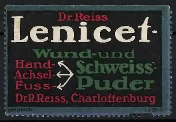 Reklamemarke Charlottenburg, Dr. R. Reiss Lenicet Wund- und Schweisspuder, Hand-Achsel-Fuss-Puder