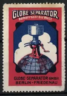 Reklamemarke Berlin-Friedenau, Globe-Separator beherrscht die Welt, Separator auf Globus