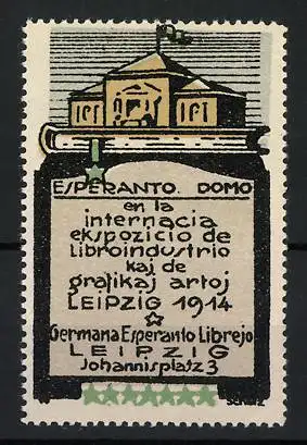 Reklamemarke Leipzig, Esperanto Domo 1914, Buch und Gebäude