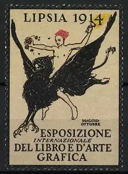 Reklamemarke Leipzig - Lipsia, Esposizione Internazionale del Libro e d`Arte Grafica 1914, Knabe reitet Greif