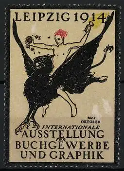 Reklamemarke Leipzig 1914, Internationale Ausstellung für Buchgewerbe und Graphik, Männerakt reitet Greif