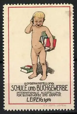 Reklamemarke Leipzig, Sonderausstellung Schule und Buchgewerbe 1914, Knabe mit Büchern