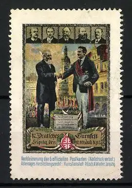 Reklamemarke Leipzig, 11. Deutsches Turnfest 1913, Händedruck vor Stadtansicht