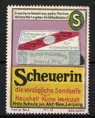 Reklamemarke Leipzig, Scheuerin Sandseife, Seife in Schachtel