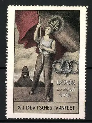 Reklamemarke Leipzig, XII. Deutsches Turnfest 1913, Turner mit Fahne vor Völkerschlacht-Denkmal