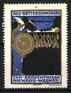 Künstler-Reklamemarke Emil Pirchan, Zur Götterdämmerung, Richard Wagner Gedenken, Schild und Flügelhelm