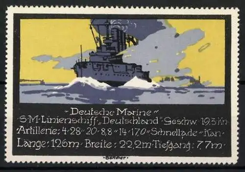 Künstler-Reklamemarke Böttcher, Deutsche Marine, S.M. Linienschiff Deutschland, Kriegsschiff feuert vor gelbem Himmel