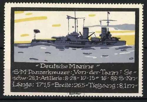 Künstler-Reklamemarke Böttcher, Deutsche Marine, Panzerkreuzer Von der Tann, Kriegsschiff und technische Daten