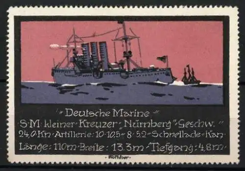 Künstler-Reklamemarke Emil Pirchan, Deutsche Marine, S.M. kleiner Kreuzer Nürnberg, Kriegsschiff im Meer