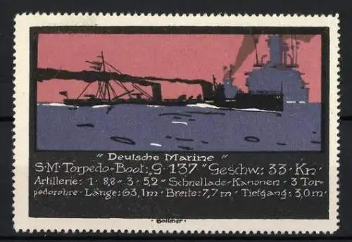 Künstler-Reklamemarke Emil Pirchan, Deutsche Marine, SM Torpedo-Boot G 137, Schiff im Meer