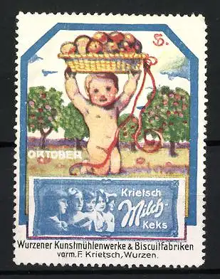 Künstler-Reklamemarke Sigmund von Suchodolski, Wurzen, Krietsch Milch Keks, Knabe mit Obstkorb