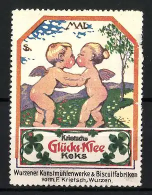 Künstler-Reklamemarke Sigmund von Suchodolski, Wurzen, Krieschs Glücks-Klee Keks, küssende Engelchen