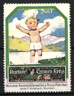 Künstler-Reklamemarke Sigmund von Suchodolski, Wurzen, Krieck`s Carmen-Keks, Kind im Juli