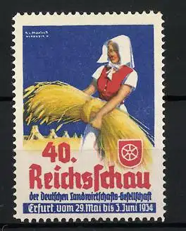 Reklamemarke Erfurt, 40. Reichsschau 1934, Frau mit Getreidebündel