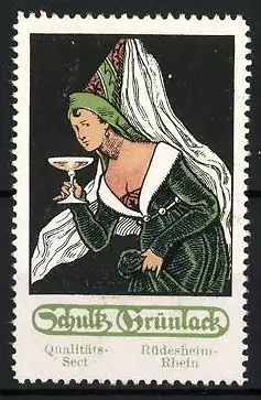 Reklamemarke Rüdesheim, Schultz Grünlack, Dame mit Sektglas