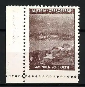 Reklamemarke Austria Oberösterr., Gmunden-Schl.-Orth, Landschaftsansicht