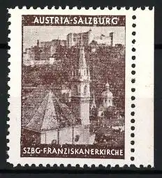 Reklamemarke Austria-Salzburg, SZBG-Franziskanerkirche, Kirchturm und Festung