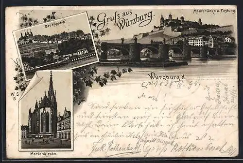 Lithographie Würzburg, Käppele, Marienkirche, Mainbrücke u. Festung