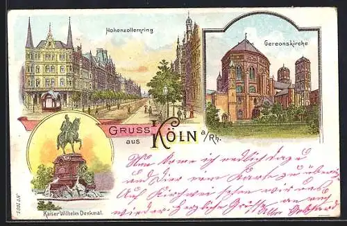 Lithographie Köln-Neustadt, Gereonskirche, Hohenzollernring u. Kaiser-Wilhelm-Denkmal