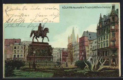 Lithographie Köln /Rh., Heumarkt mit Friedrich-Wilhelm-Denkmal