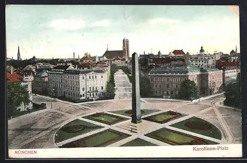 AK München, Karolinen-Platz mit Obelisk und Frauenkirche