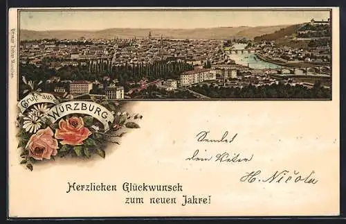 Lithographie Würzburg, Panoramablick auf die Stadt