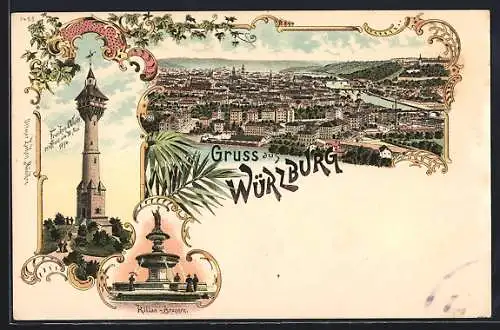 Lithographie Würzburg, Teilansicht, Franken-Warte eröffnet 1894, Kilian-Brunnen