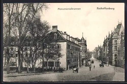 AK Aschaffenburg, Strasse mit Blick zum Monumentalbrunnen