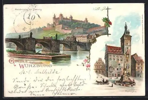 Lithographie Würzburg, Mainbrücke mit Festung und Rathaus