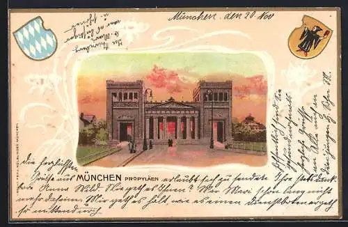 Lithographie München, Propyläen im Sonnenuntergang, mit geprägten Mustern gerahmt