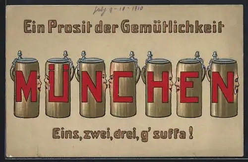 AK München, Ein Prosit der Gemütlichkeit, Bierkrüge mit Buchstaben und Gesichtern