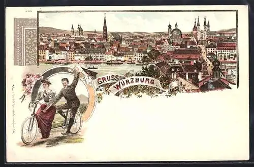 Lithographie Würzburg, Teilansicht der Stadt, Paar grüsst vom Tandem